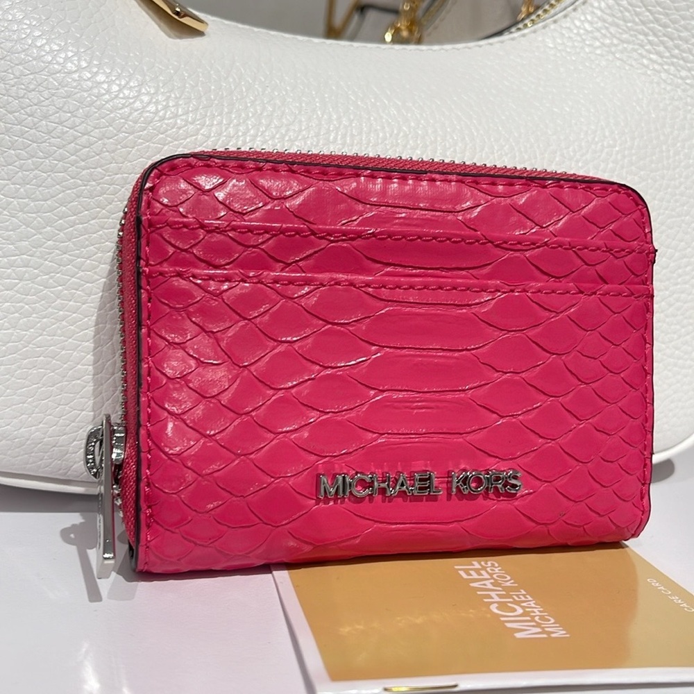 Michael Kors Women Medium Zip Around Card Case Coin Pouch Wallet Electric Pink